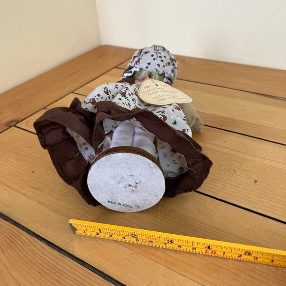 Blonde Big Eye Doll Brown Calico Floral Prairie Bonnet & Dress 9" Vintage Korea - Picture 11 of 12